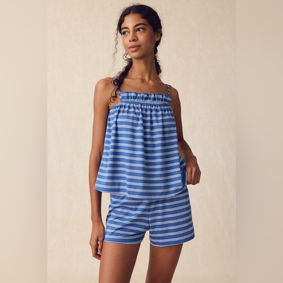 Lake Pajamas Pima Cotton Ruffle Shorts Set French Blue Floral Pajama Set Size M - Picture 3 of 17